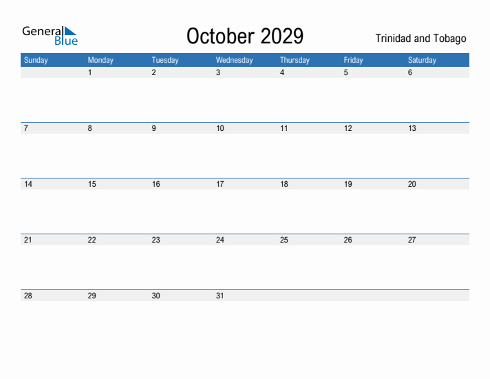 Fillable October 2029 Calendar