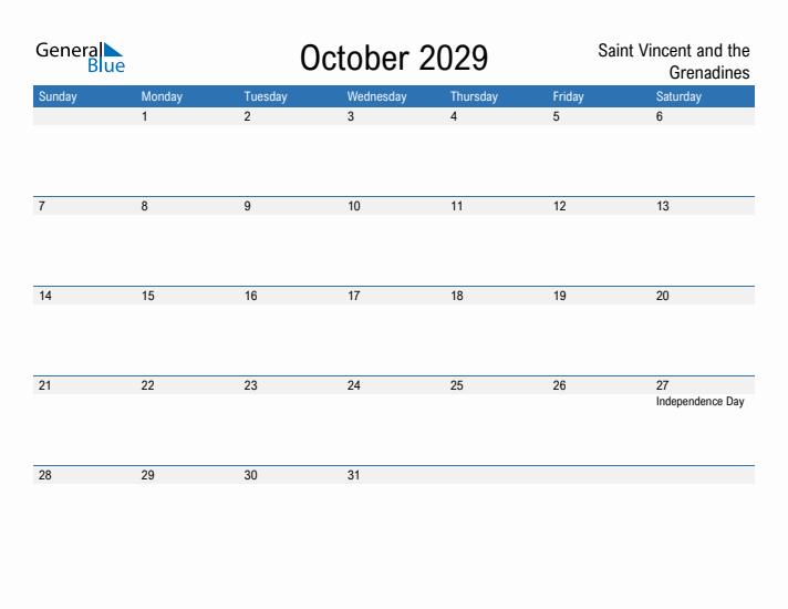 Fillable October 2029 Calendar