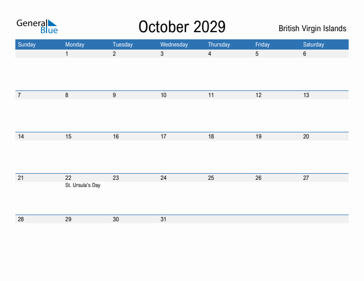 Fillable October 2029 Calendar