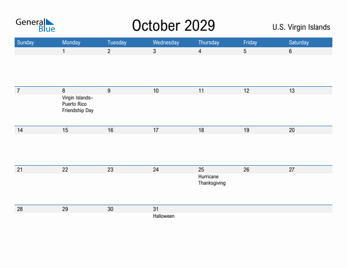 Fillable October 2029 Calendar