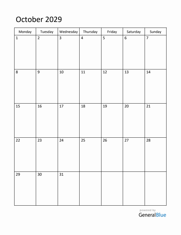 Monday Start Calendar for October 2029