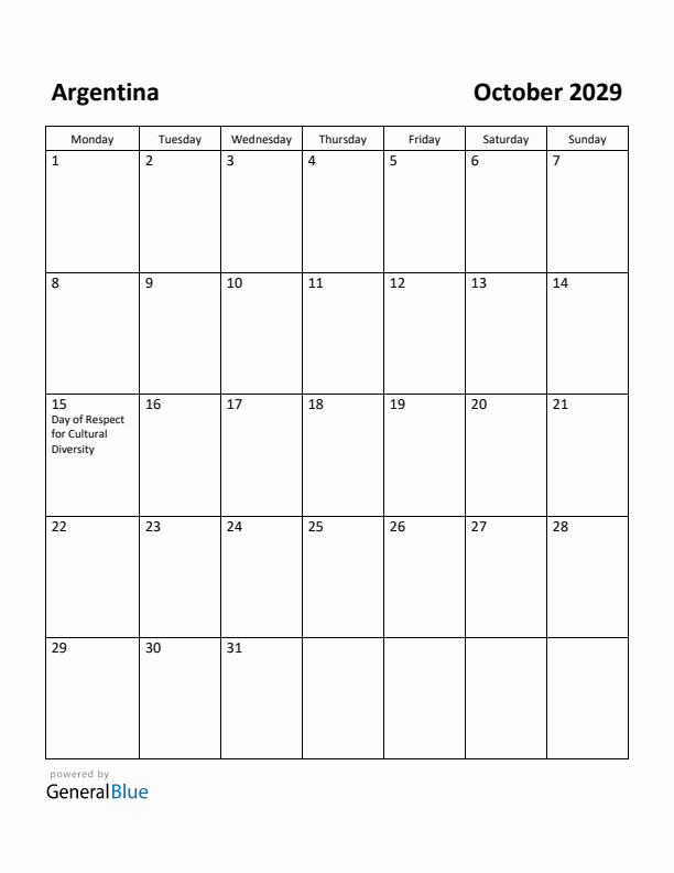 October 2029 Calendar with Argentina Holidays