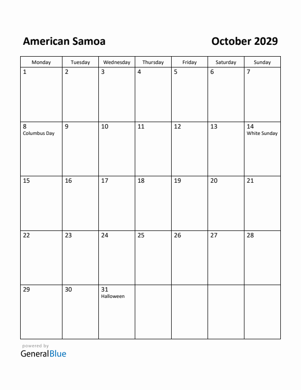 October 2029 Calendar with American Samoa Holidays