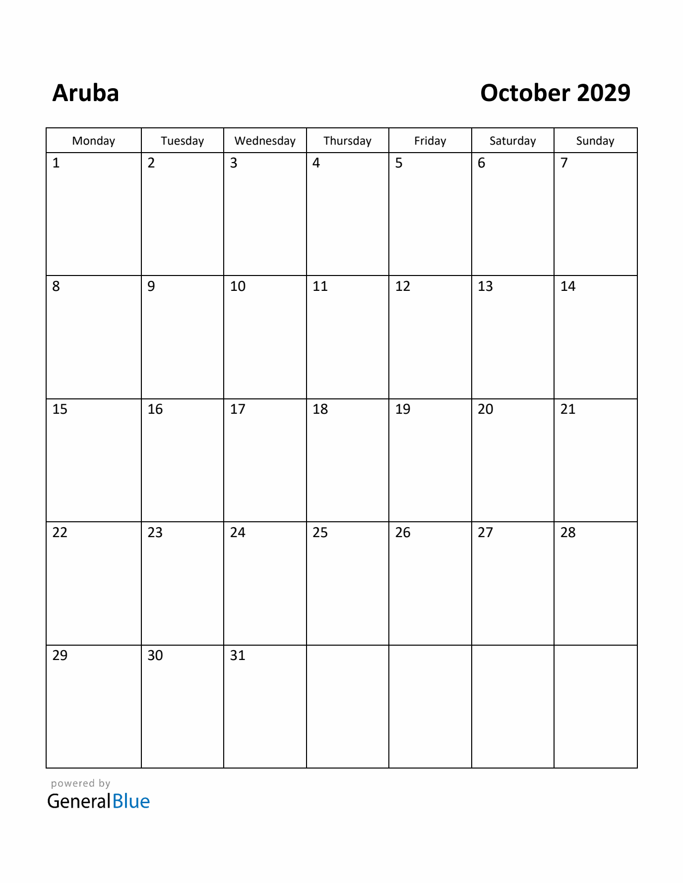 October 2029 Calendar with Aruba Holidays