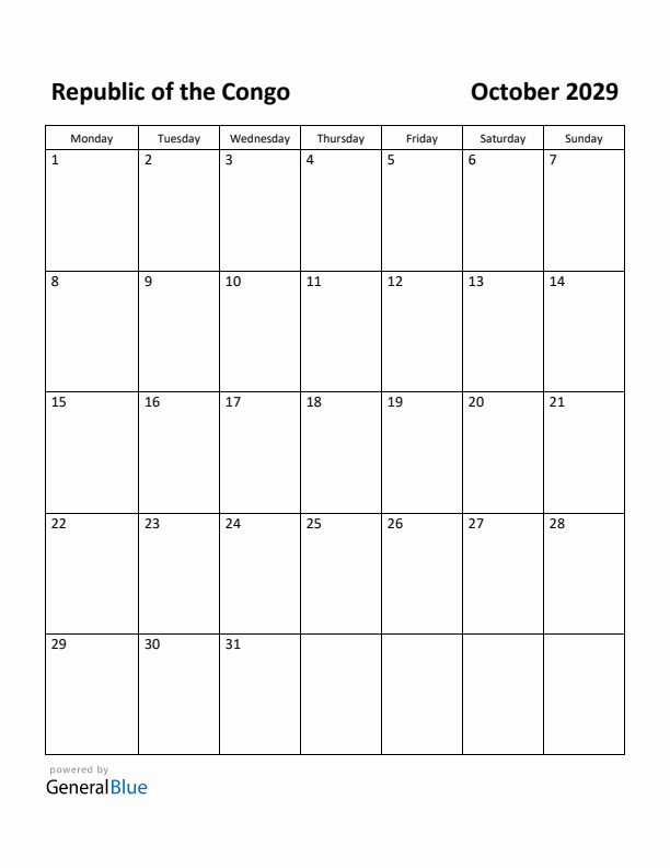 October 2029 Calendar with Republic of the Congo Holidays