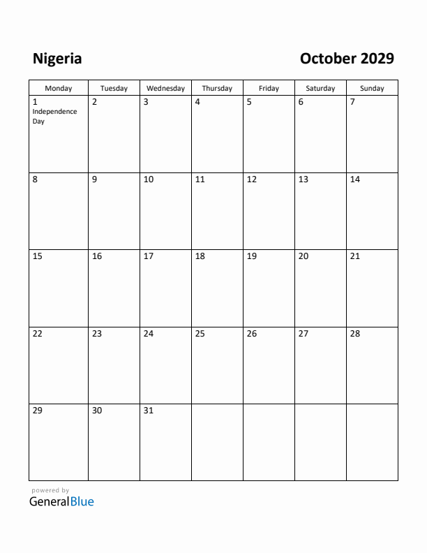 October 2029 Calendar with Nigeria Holidays