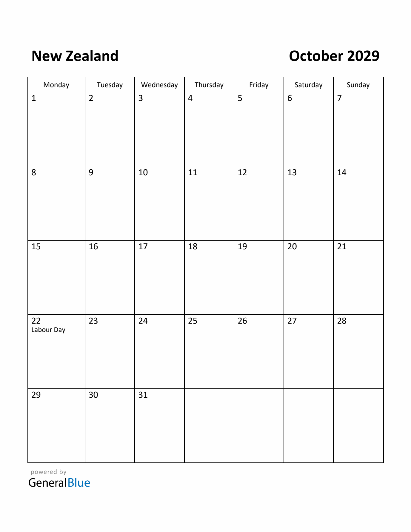 October 2029 Calendar with New Zealand Holidays
