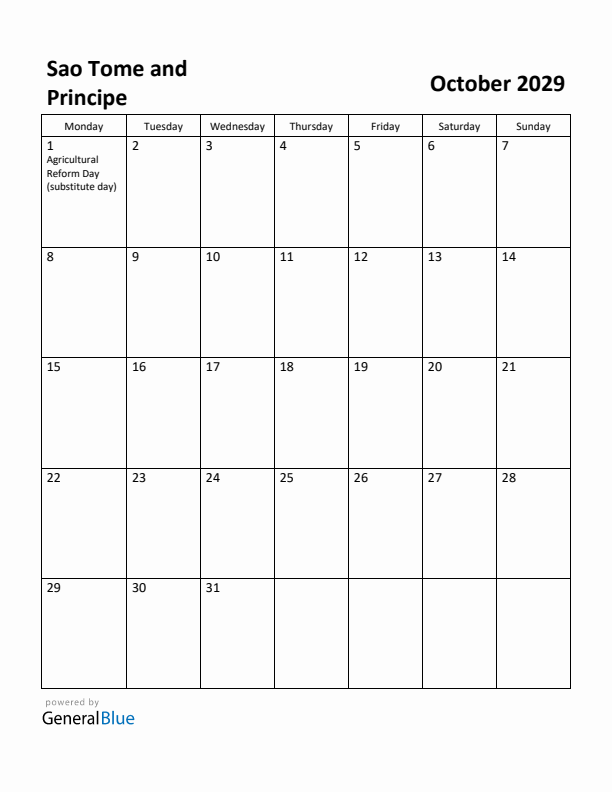 October 2029 Calendar with Sao Tome and Principe Holidays
