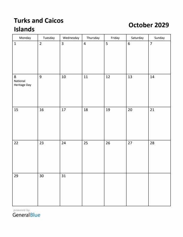 October 2029 Calendar with Turks and Caicos Islands Holidays