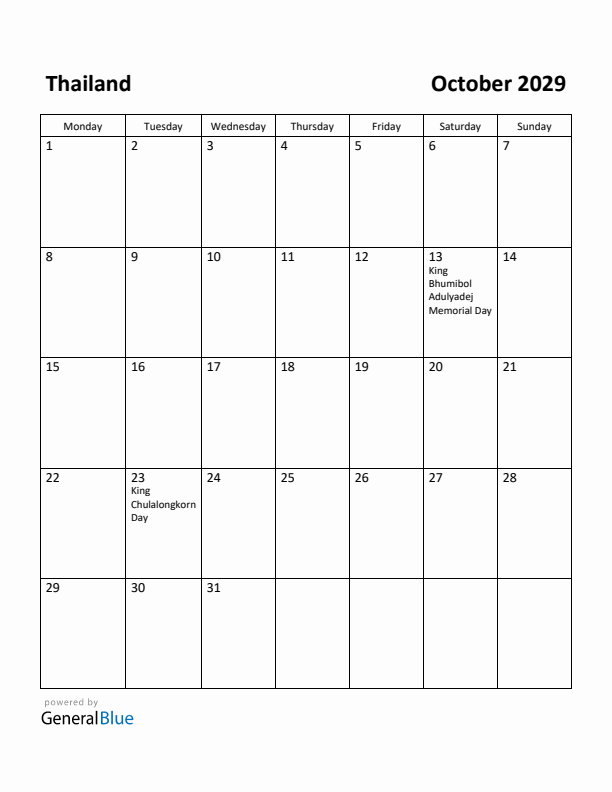 October 2029 Calendar with Thailand Holidays