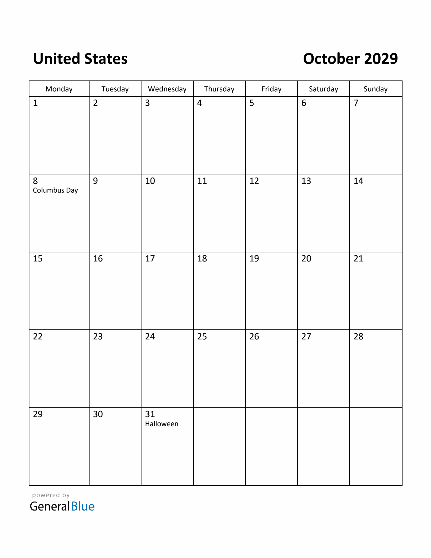 October 2029 Calendar with United States Holidays