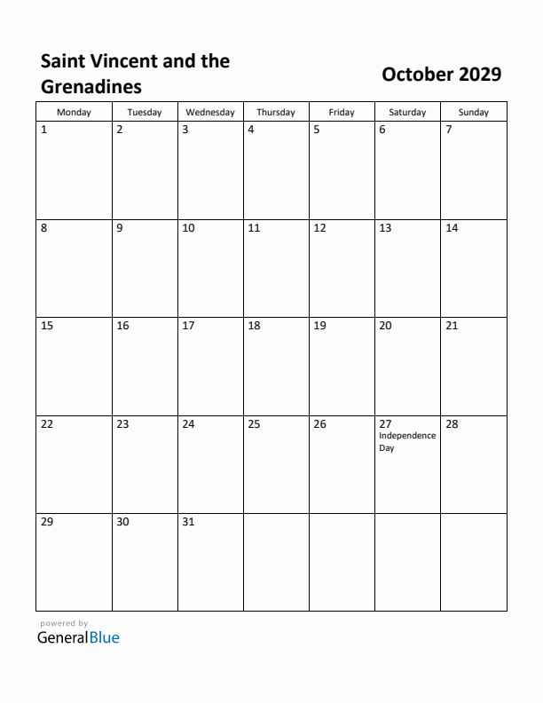 October 2029 Calendar with Saint Vincent and the Grenadines Holidays