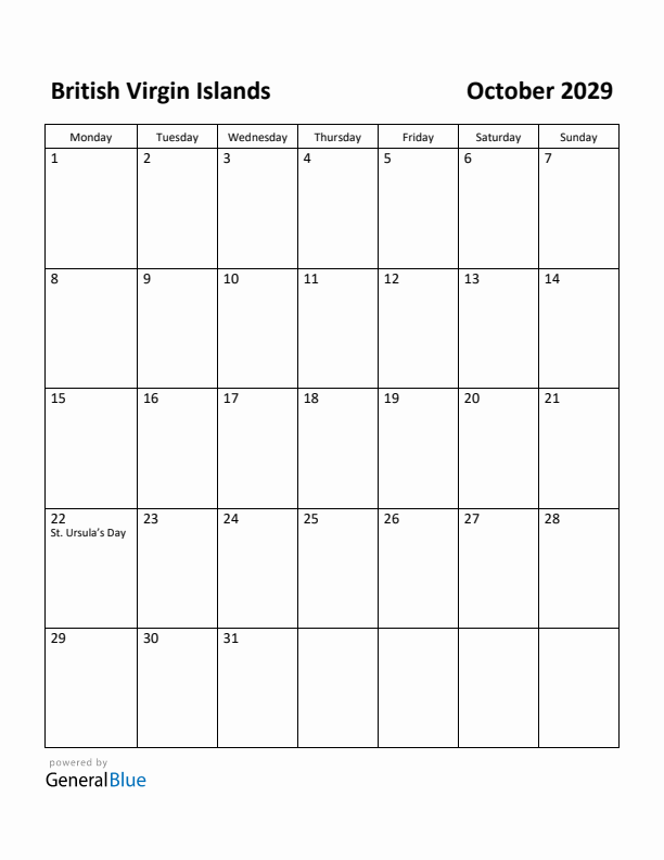 October 2029 Calendar with British Virgin Islands Holidays