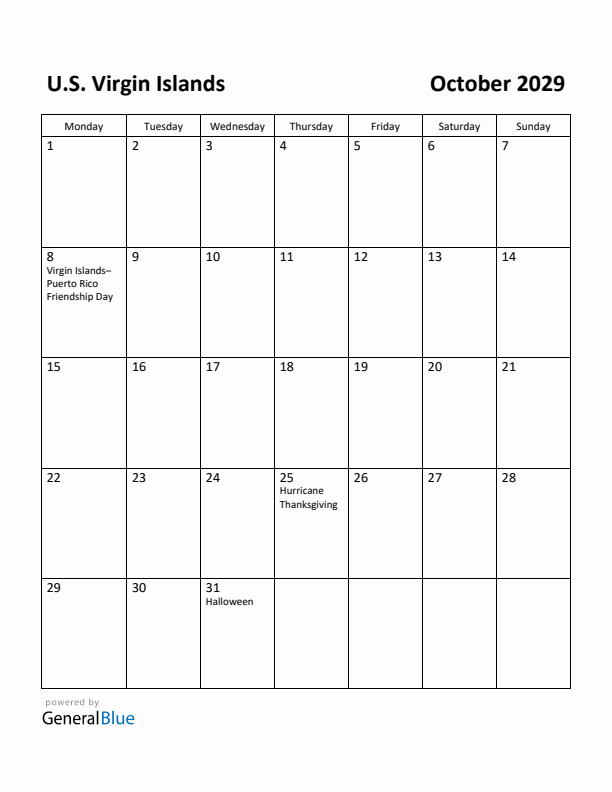 October 2029 Calendar with U.S. Virgin Islands Holidays