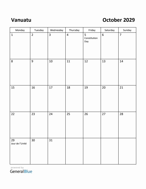 October 2029 Calendar with Vanuatu Holidays