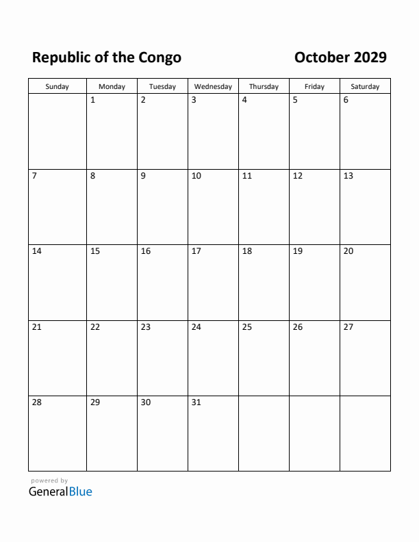 October 2029 Calendar with Republic of the Congo Holidays