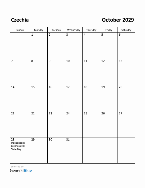 October 2029 Calendar with Czechia Holidays