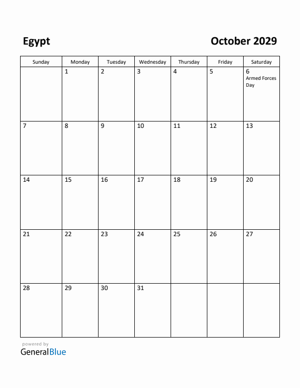 October 2029 Calendar with Egypt Holidays