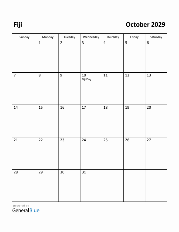 October 2029 Calendar with Fiji Holidays