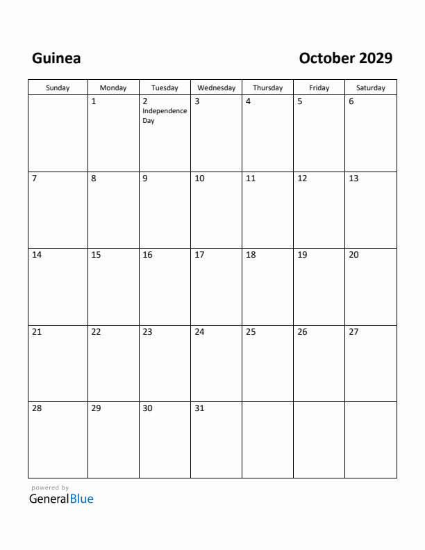 October 2029 Calendar with Guinea Holidays