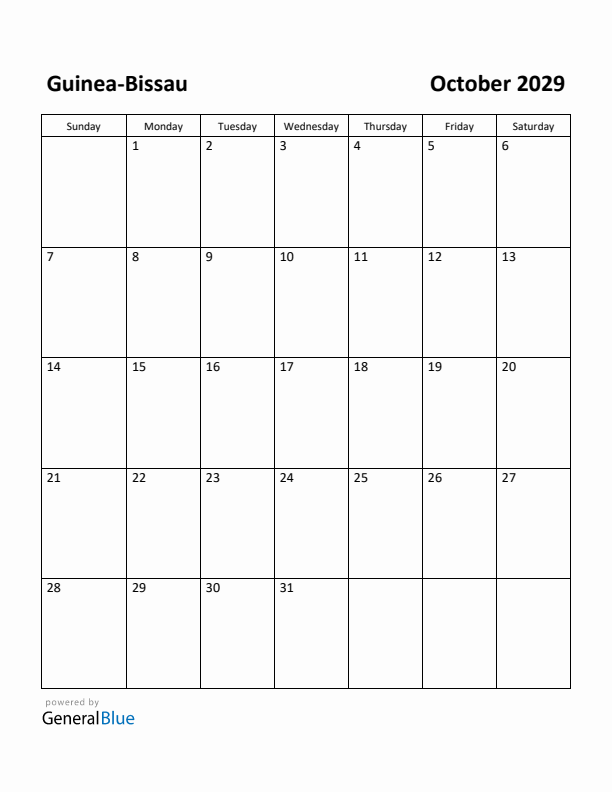 October 2029 Calendar with Guinea-Bissau Holidays