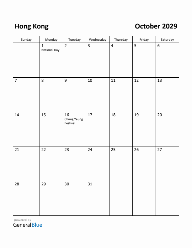October 2029 Calendar with Hong Kong Holidays