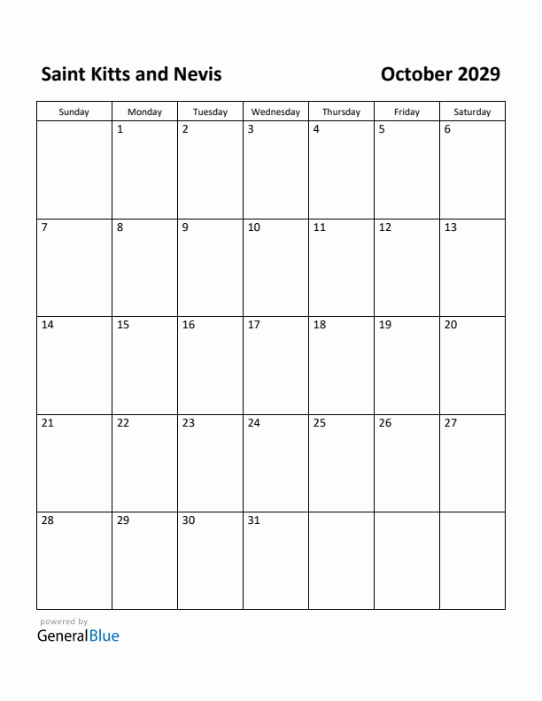 October 2029 Calendar with Saint Kitts and Nevis Holidays