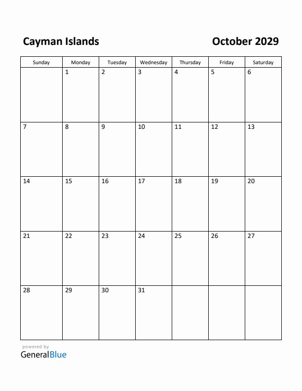 October 2029 Calendar with Cayman Islands Holidays