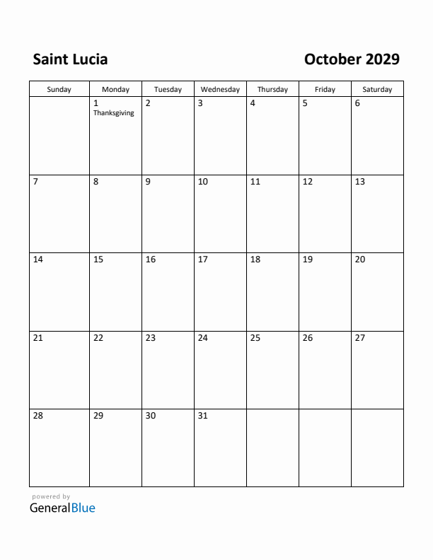 October 2029 Calendar with Saint Lucia Holidays