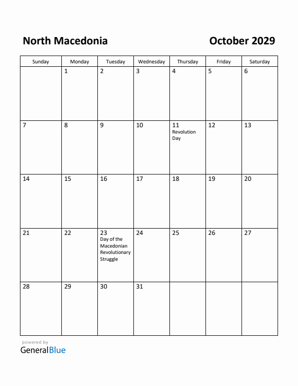 October 2029 Calendar with North Macedonia Holidays