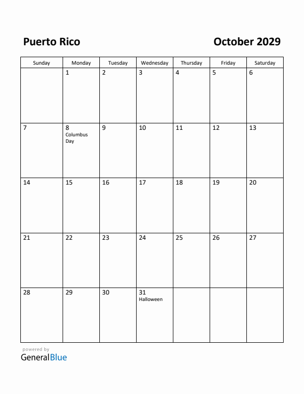 October 2029 Calendar with Puerto Rico Holidays