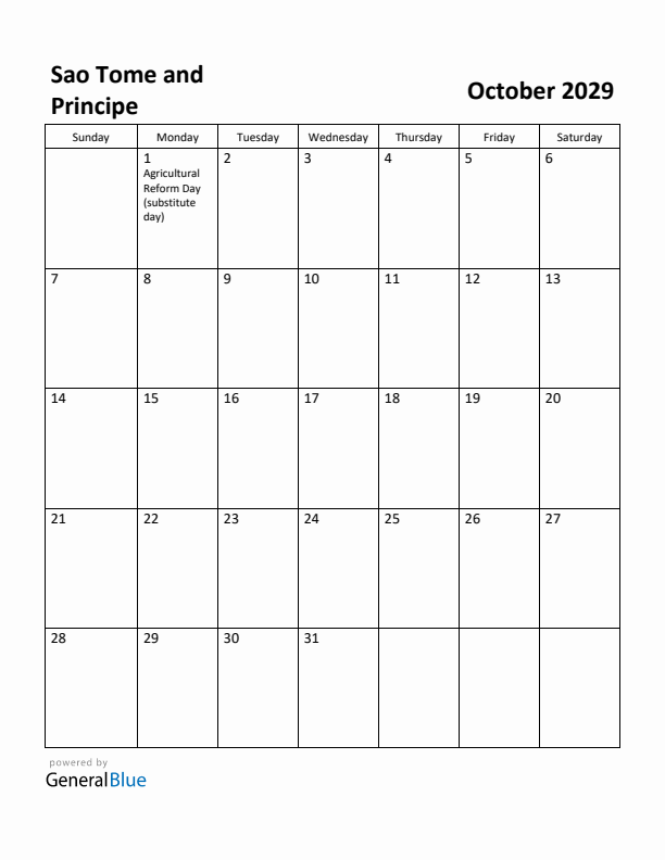 October 2029 Calendar with Sao Tome and Principe Holidays