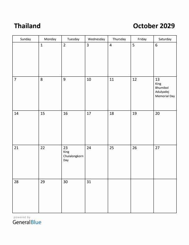 October 2029 Calendar with Thailand Holidays