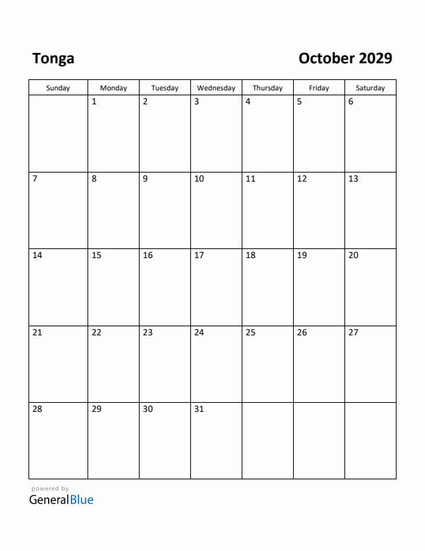 October 2029 Calendar with Tonga Holidays