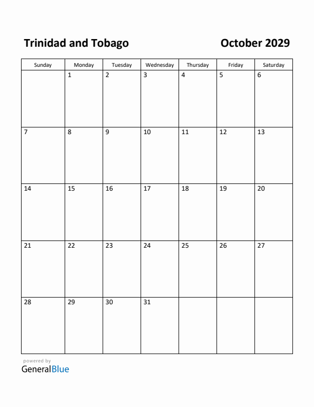 October 2029 Calendar with Trinidad and Tobago Holidays