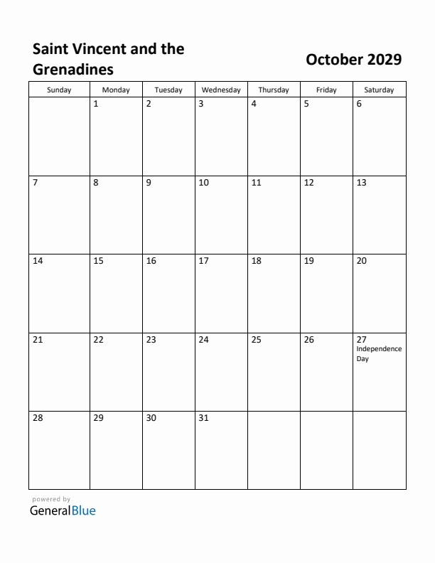 October 2029 Calendar with Saint Vincent and the Grenadines Holidays