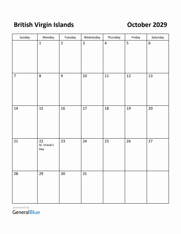 October 2029 Calendar with British Virgin Islands Holidays