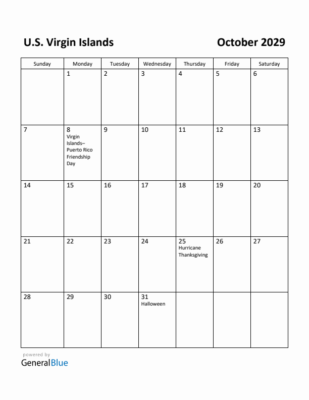 October 2029 Calendar with U.S. Virgin Islands Holidays