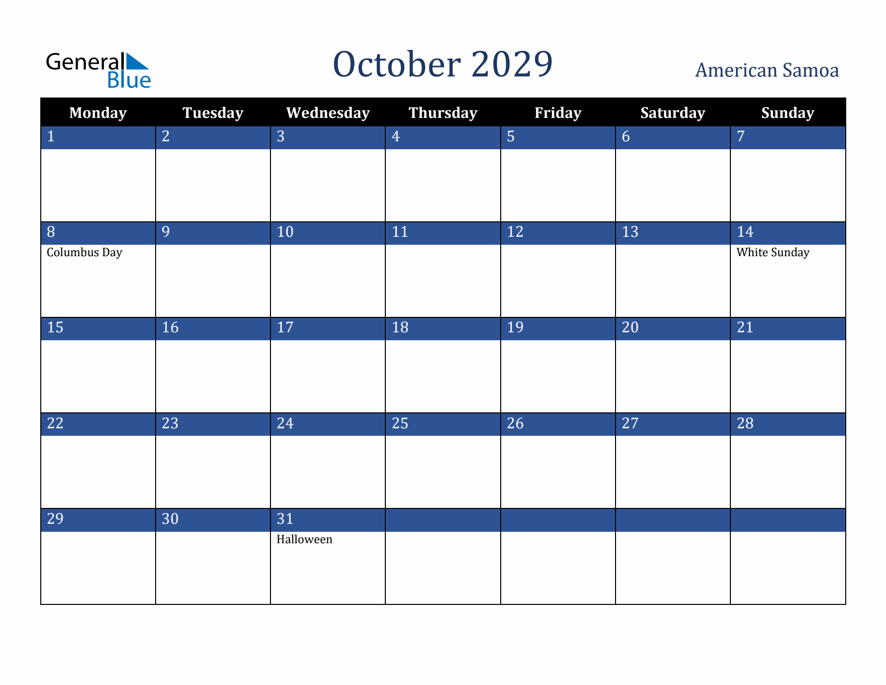 October 2029 American Samoa Calendar (Monday Start)