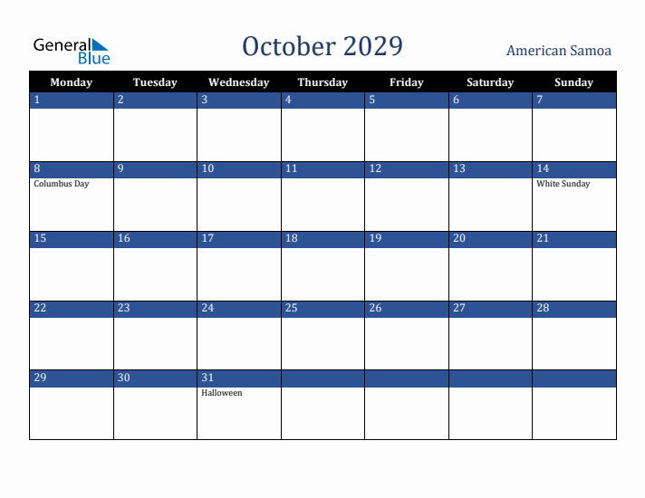 October 2029 American Samoa Calendar (Monday Start)