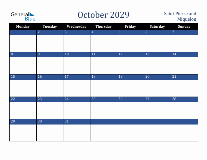 October 2029 Saint Pierre and Miquelon Calendar (Monday Start)