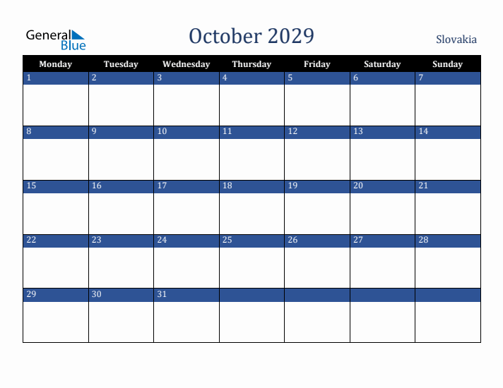 October 2029 Slovakia Calendar (Monday Start)