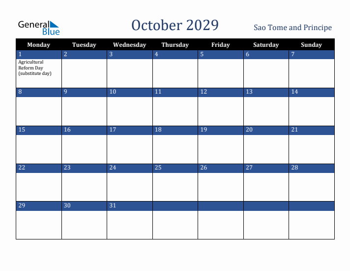 October 2029 Sao Tome and Principe Calendar (Monday Start)