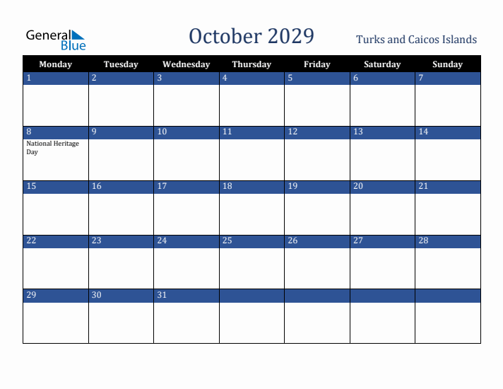 October 2029 Turks and Caicos Islands Calendar (Monday Start)