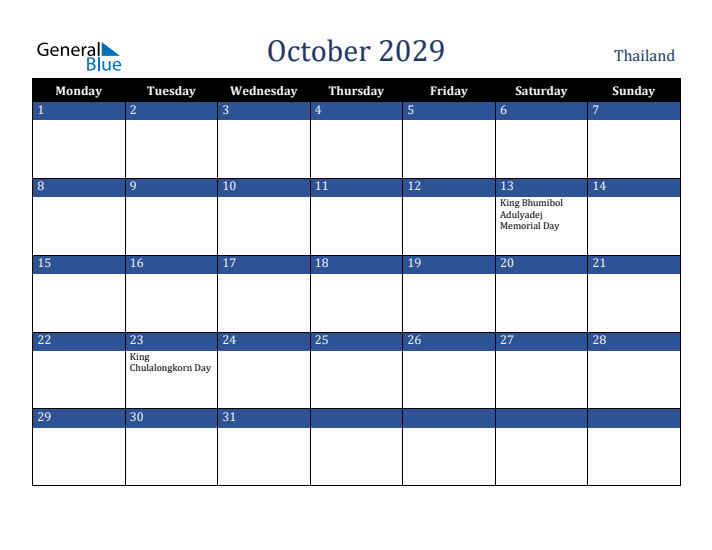 October 2029 Thailand Calendar (Monday Start)