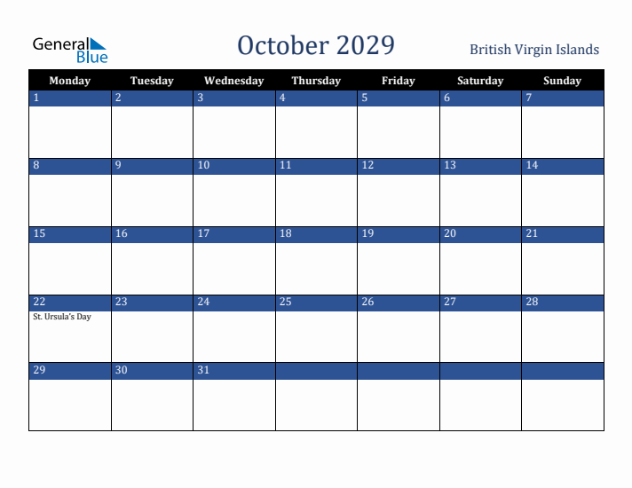 October 2029 British Virgin Islands Calendar (Monday Start)