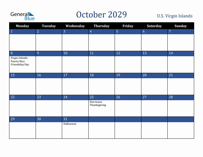October 2029 U.S. Virgin Islands Calendar (Monday Start)