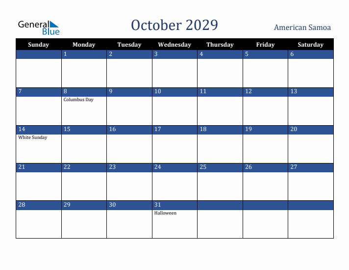 October 2029 American Samoa Calendar (Sunday Start)
