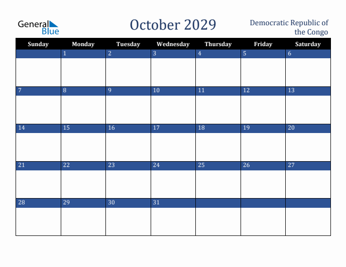 October 2029 Democratic Republic of the Congo Calendar (Sunday Start)
