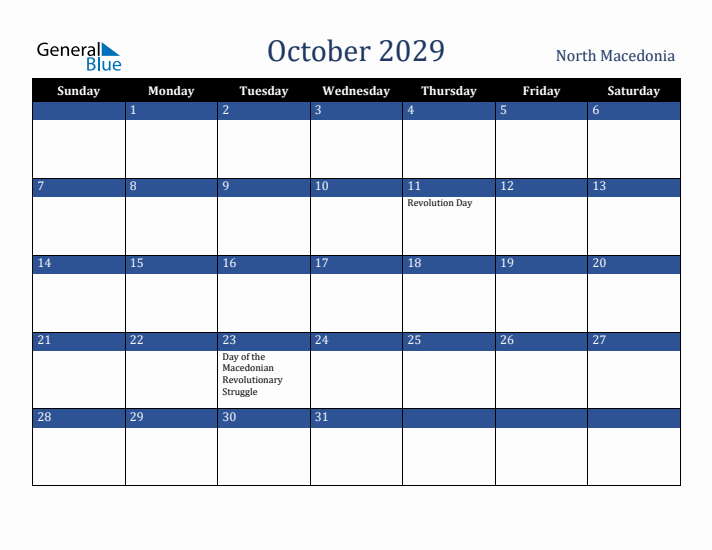 October 2029 North Macedonia Calendar (Sunday Start)